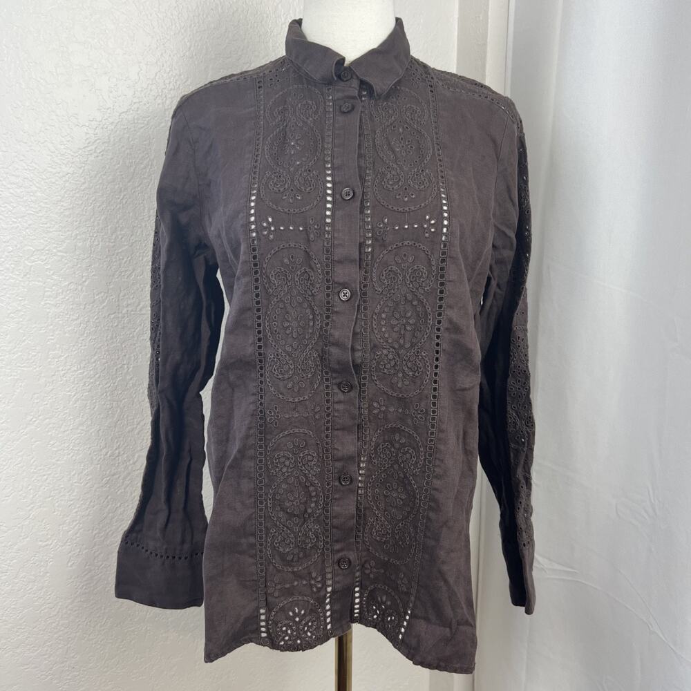 J Crew Top Womens‎ 10 Brown Button Up Linen Garcon Classic Eyelet Boho Coastal